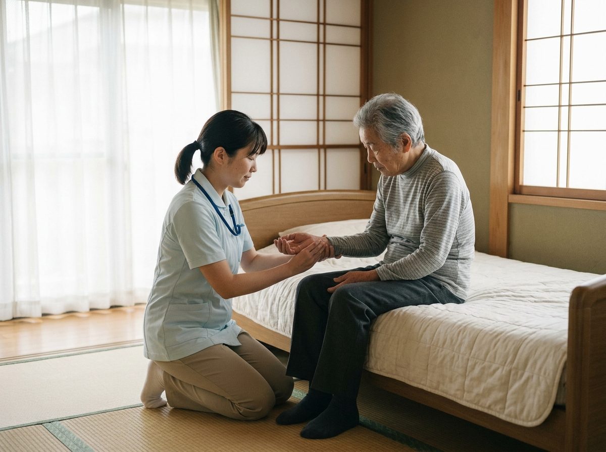 和室で利用者の手を取る看護師
