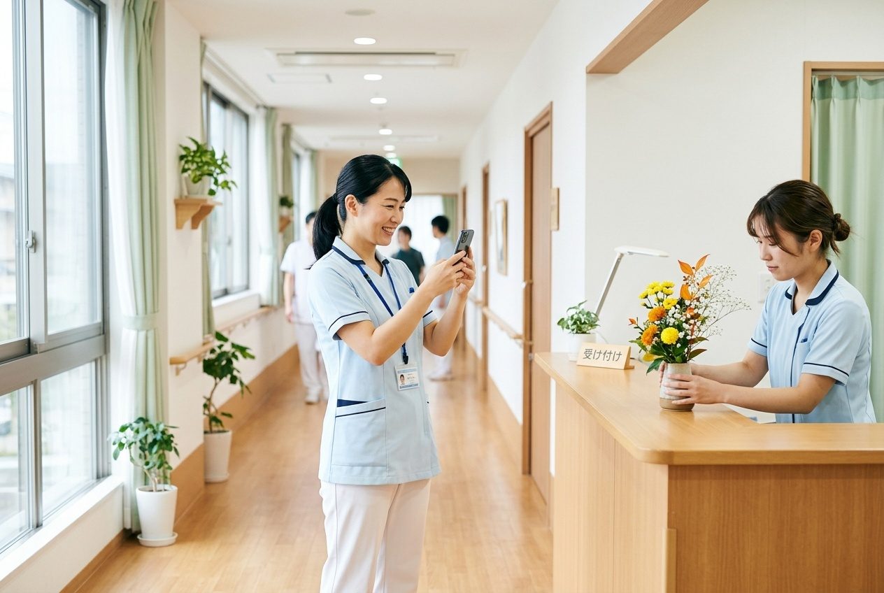 受付の花をスマートフォンで撮影する看護師