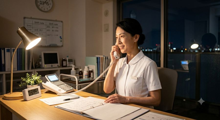 事務所で電話を受ける看護師