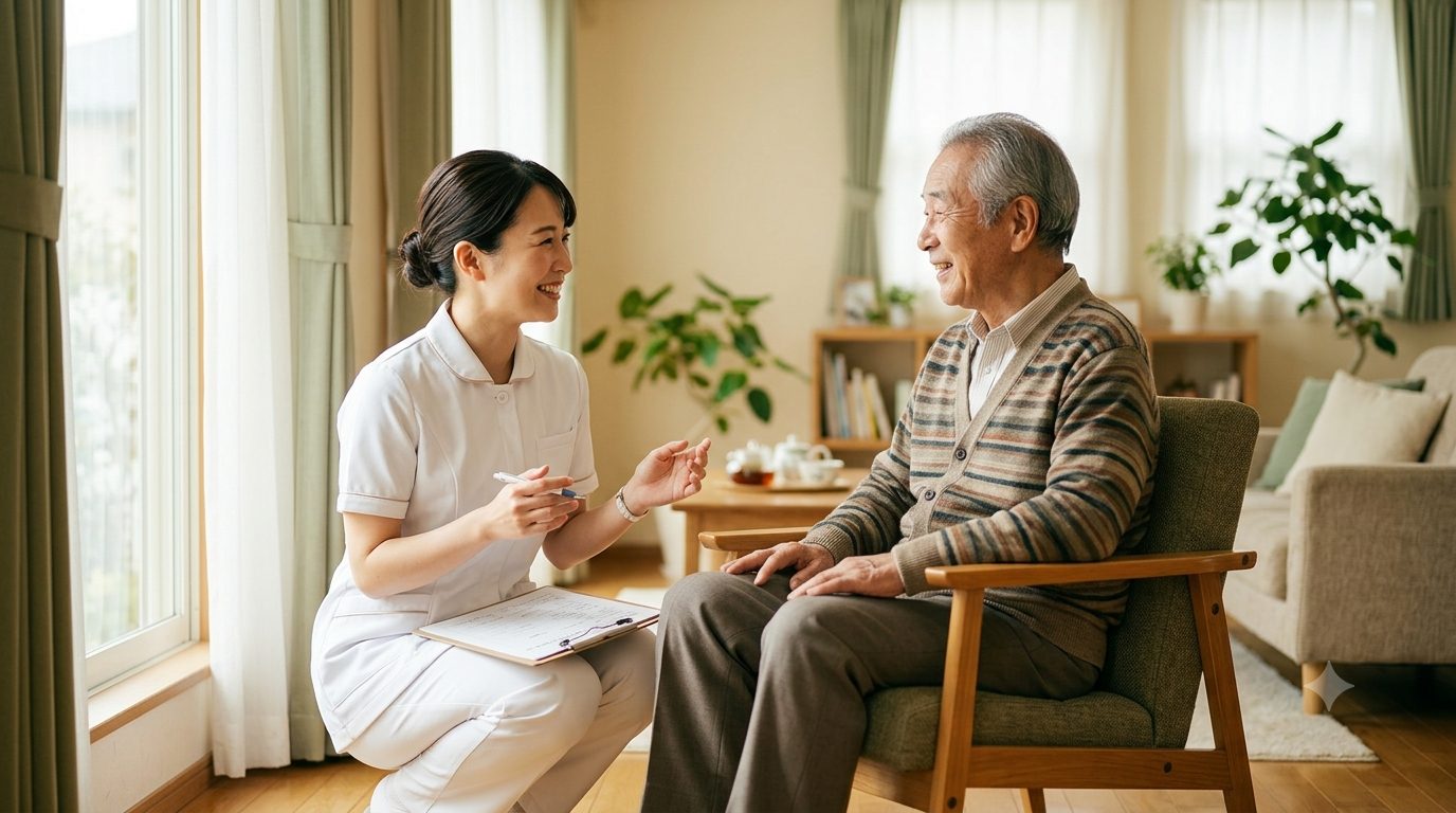 利用者宅で男性利用者と会話する看護師