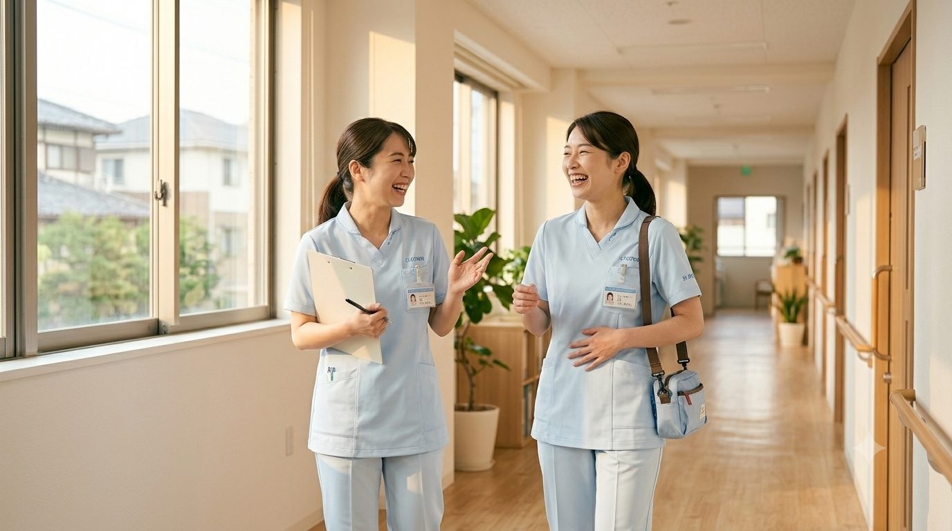 廊下で話す2人の看護師
