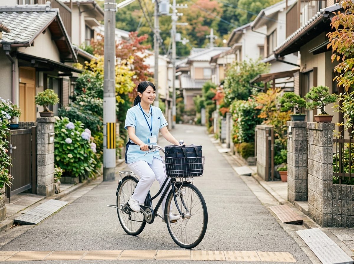 住宅街の路地を自転車で走る看護師