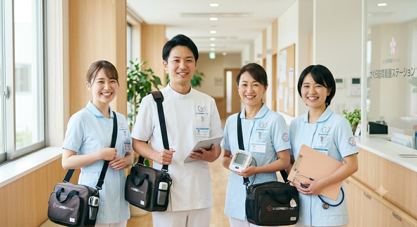 訪問バッグを持って並ぶ訪問看護チーム