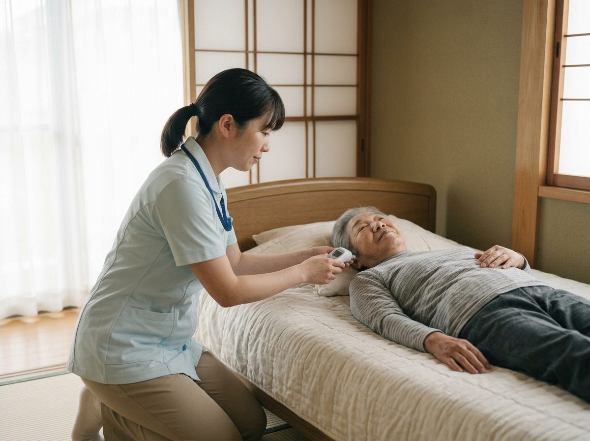 ベッドの利用者に測定をする看護師