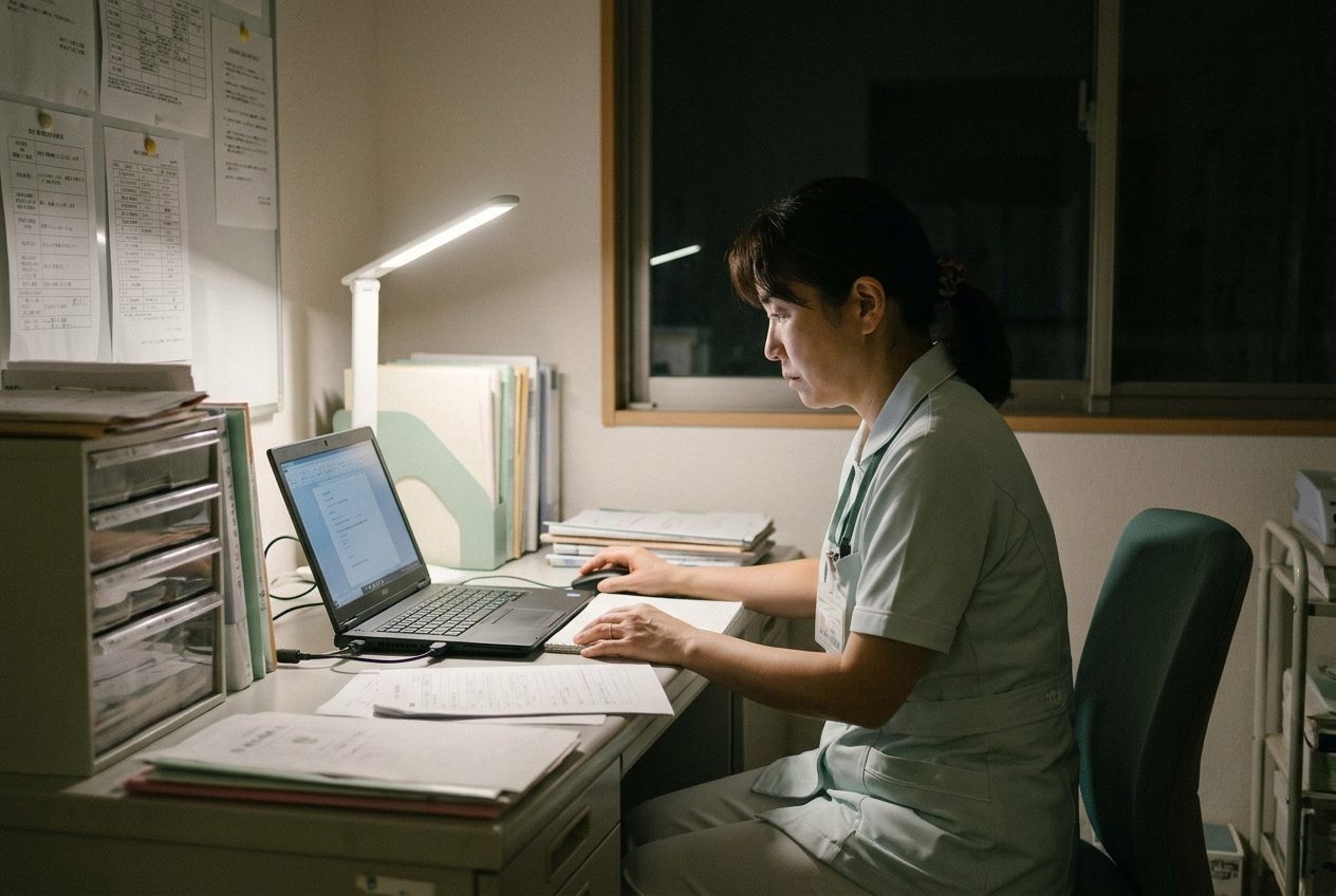 事務所でPCに記録を入力する看護師