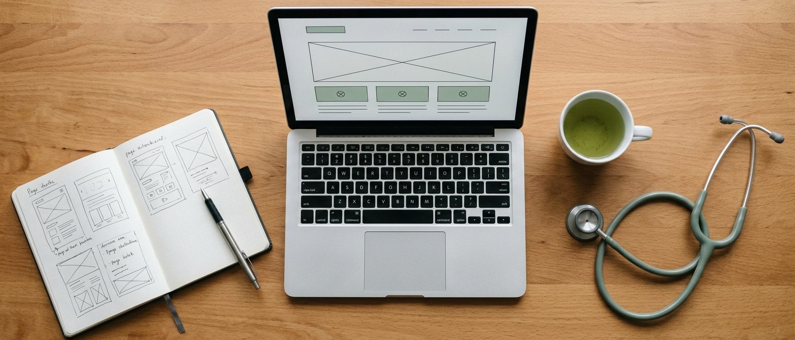 ノートPCと聴診器が置かれたデスク