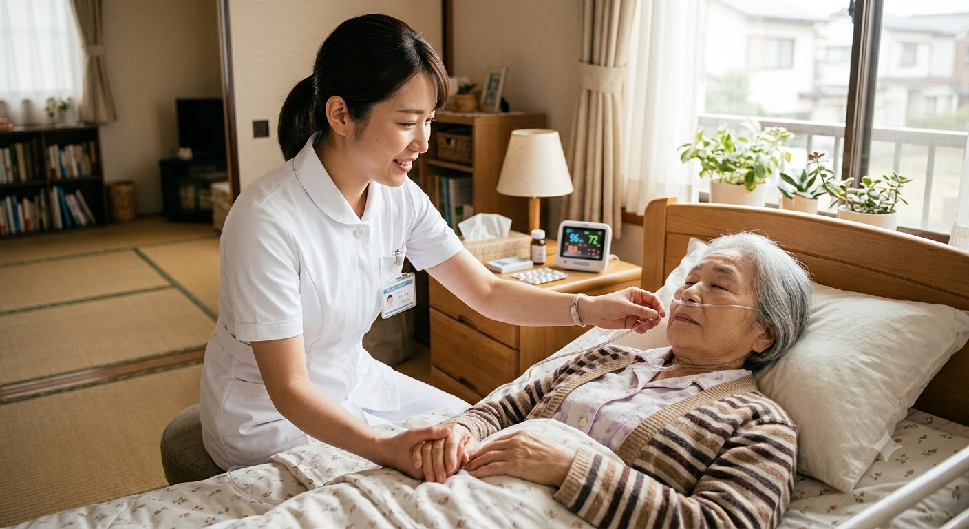 和室のベッドサイドでケアをする看護師