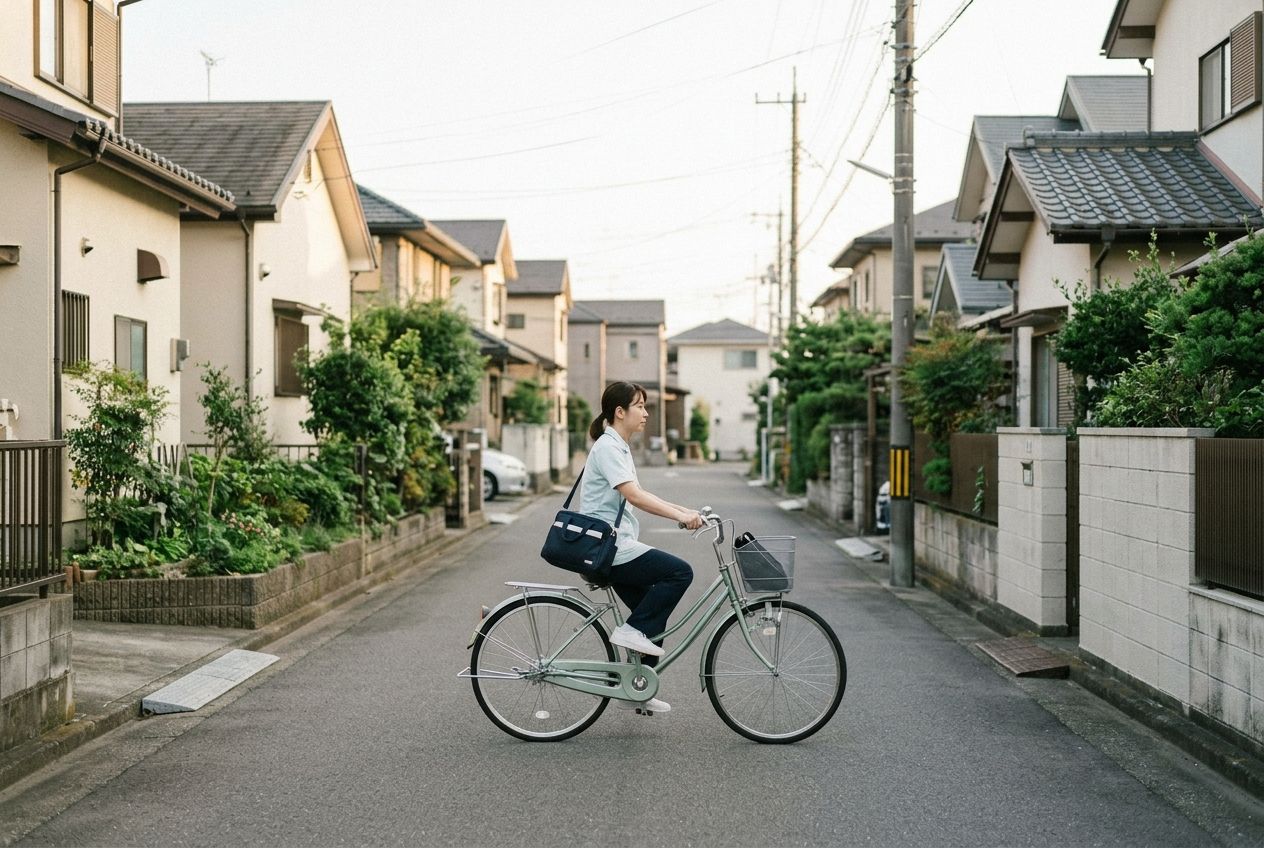 住宅街を自転車で訪問する看護師