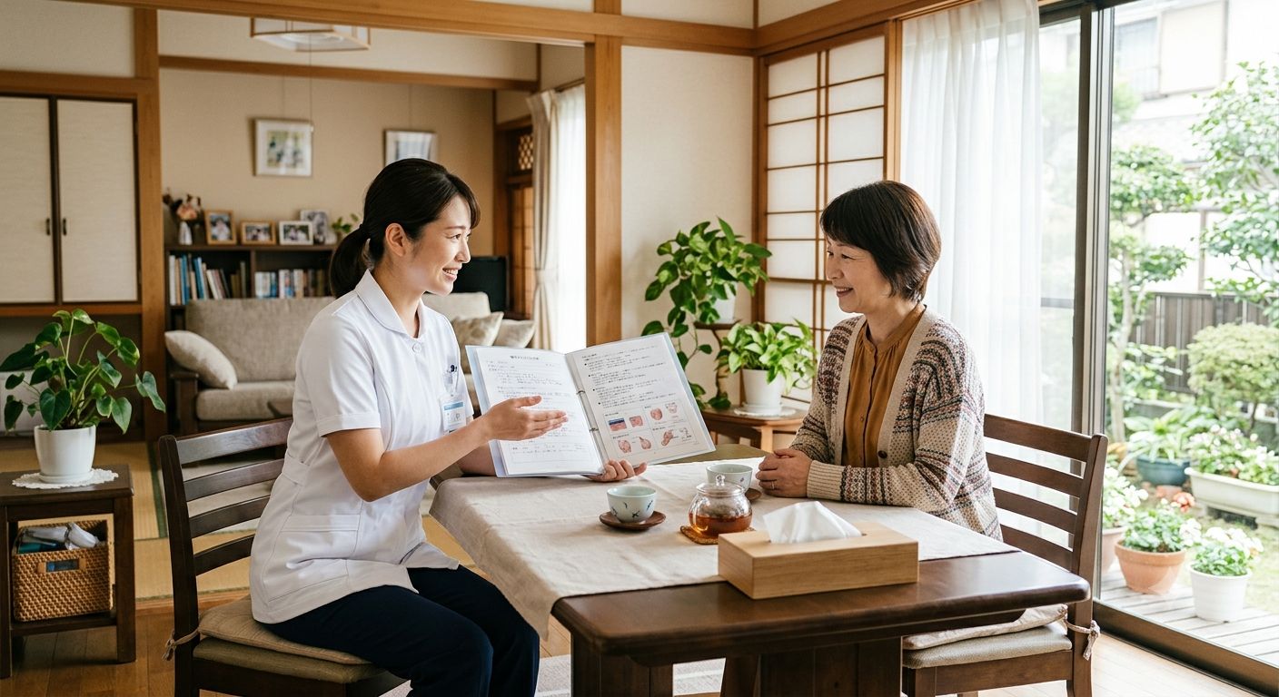 利用者さまとご家族に説明する看護師