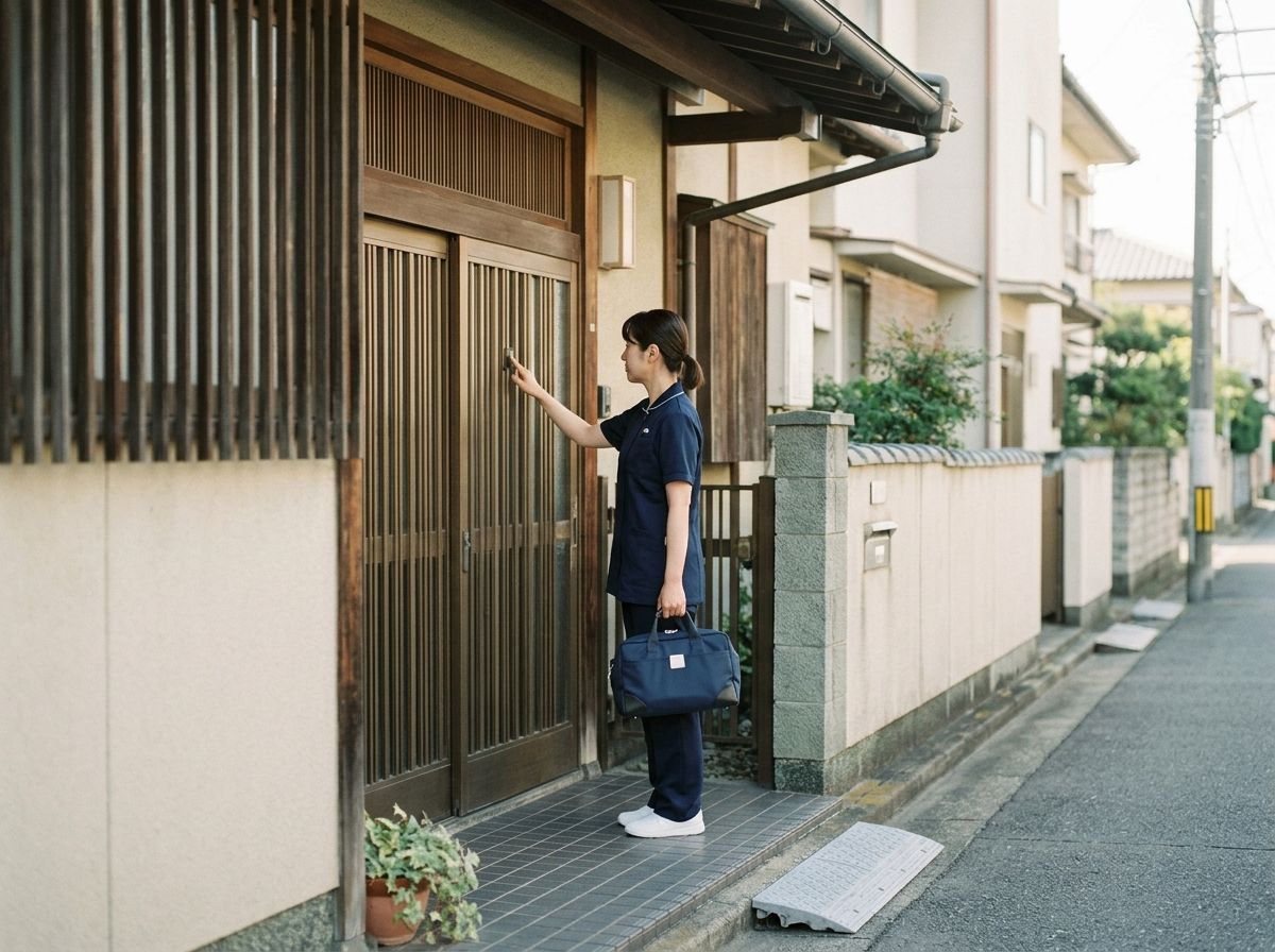 利用者さまのご自宅の玄関でインターホンを押す訪問看護師