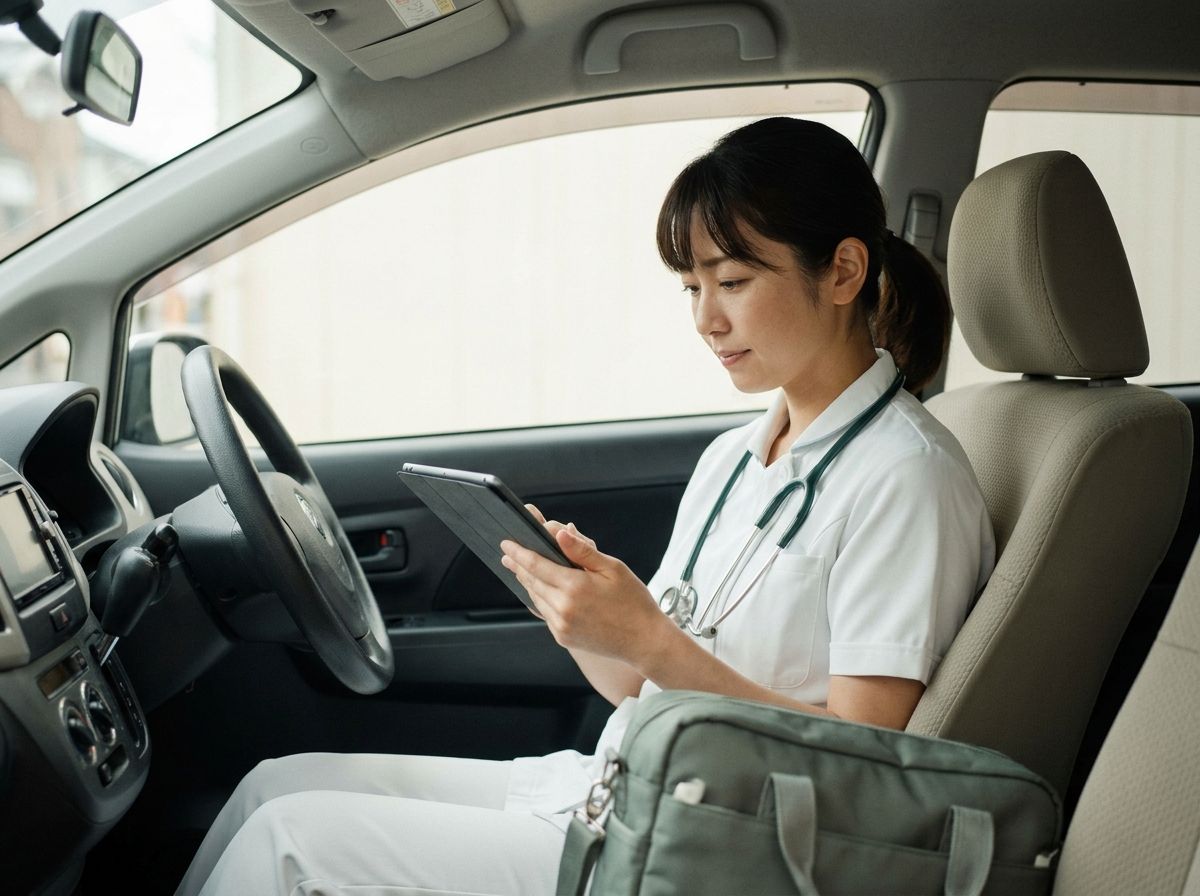 車内でタブレットの記録を確認する看護師