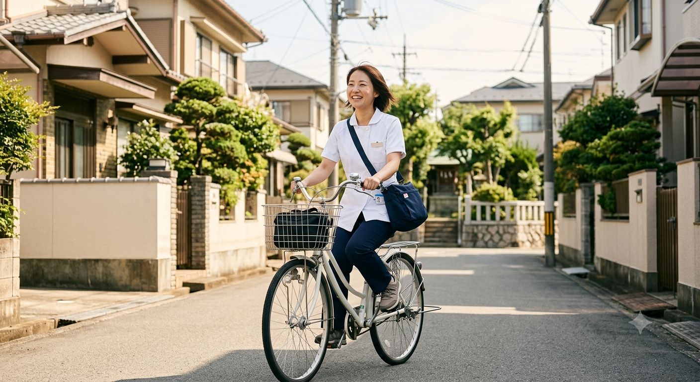 住宅街を自転車で訪問する看護師