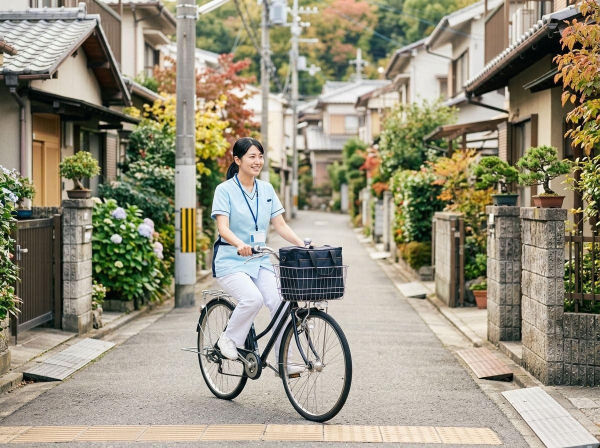 路地を自転車で訪問する看護師