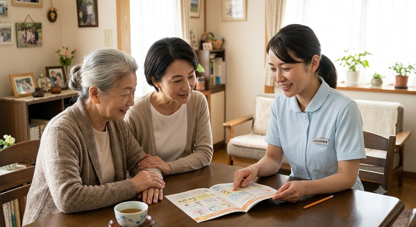 利用者さまとご家族に資料で説明する看護師