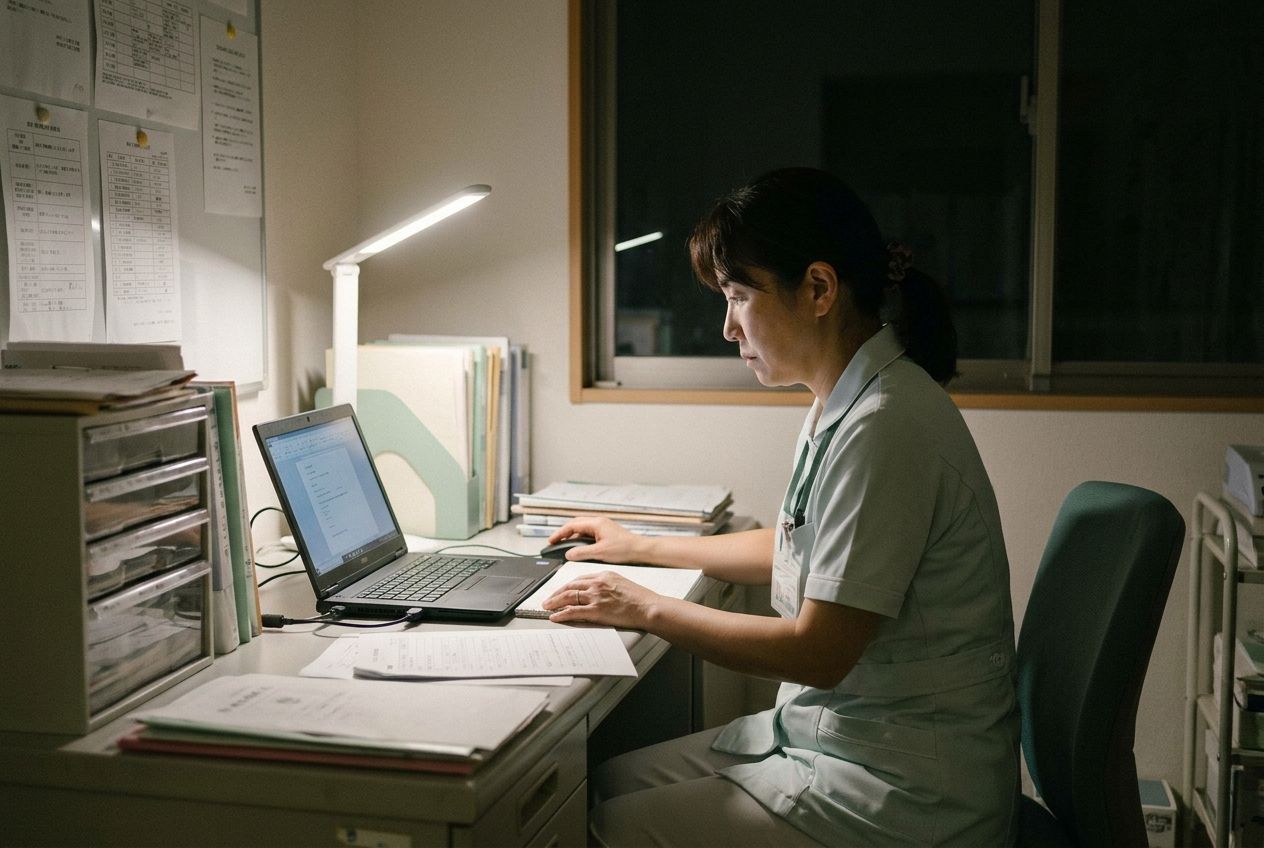 事務所で記録を入力する看護師