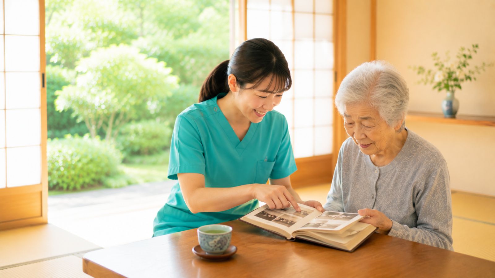 アルバムを見ながら利用者の女性と話す看護師