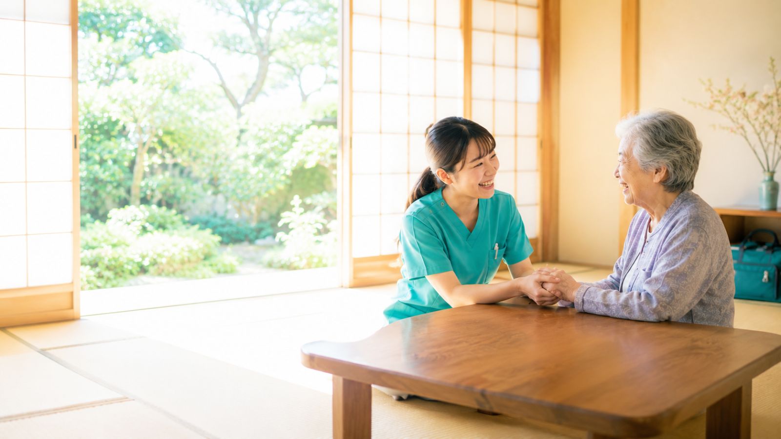 和室で利用者の女性と手を取り合って話す看護師