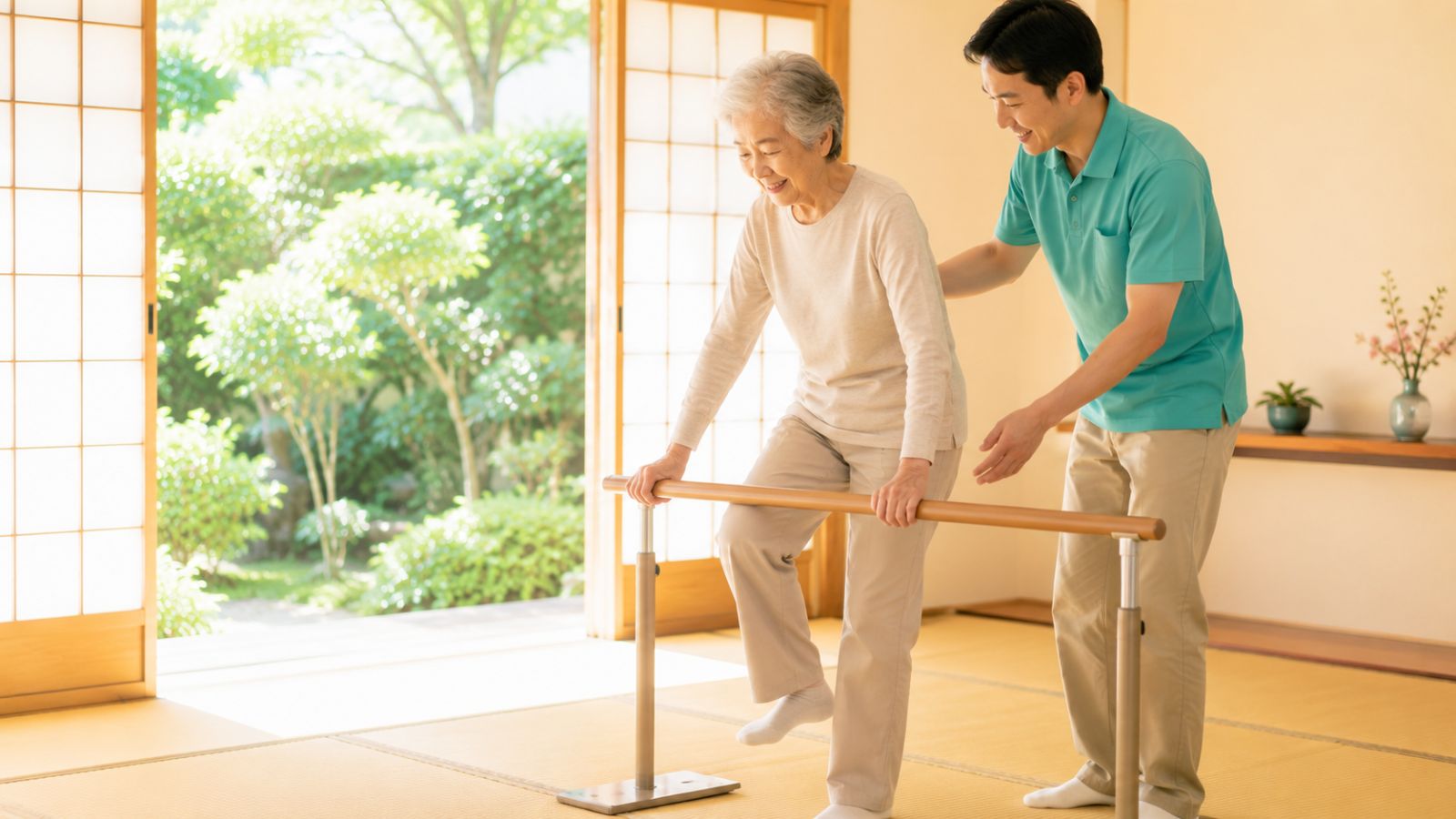 手すりを使って歩く練習をサポートする理学療法士